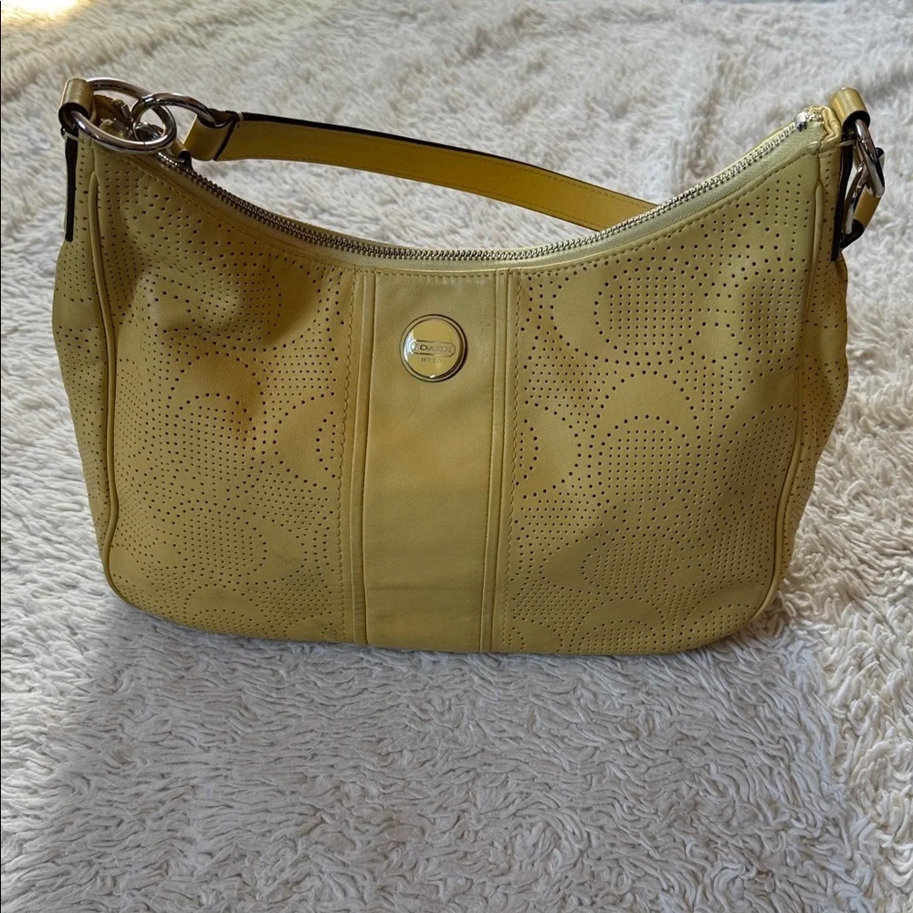 COACH Signature Stripe Convertible Hobo Bag YelowPerforated Leather F23241